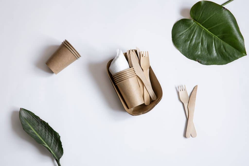 vaisselle ecologique jetable bois bambou papier tasses couteaux fourchettes isoles